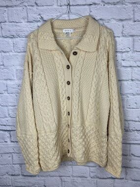 Avoca Ireland Pure Merino Wool Cable Knit Cardigan Cream Aran Fisherman Sweater